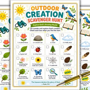 May include: An Outdoor Creation Scavenger Hunt activity sheet featuring colorful illustrations of nature items like flowers, rocks, birds, and insects. The text includes the title, instructions, sixteen numbered items with checkboxes, and Psalm 19:1.