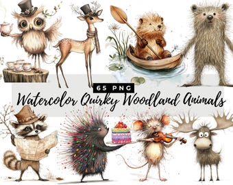 Watercolor Quirky Woodland Animals Clipart, Cute Funny Forest Animals,Whimsical Illustrations, Adorable Quirky Squirrel, Sublimation Designs