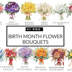 Birthmonth Flower Bouquet Clipart, Birthflower Png, Watercolor Birthflowers, Floral Illustration Png