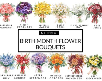 Birthmonth Flower Bouquet Clipart, Birthflower Png, Watercolor Birthflowers, Floral Illustration Png