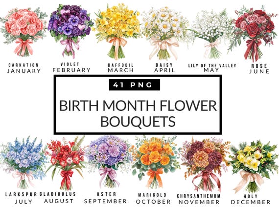 Birthmonth Flower Bouquet Clipart, Birthflower Png, Watercolor Birthflowers, Floral Illustration Png