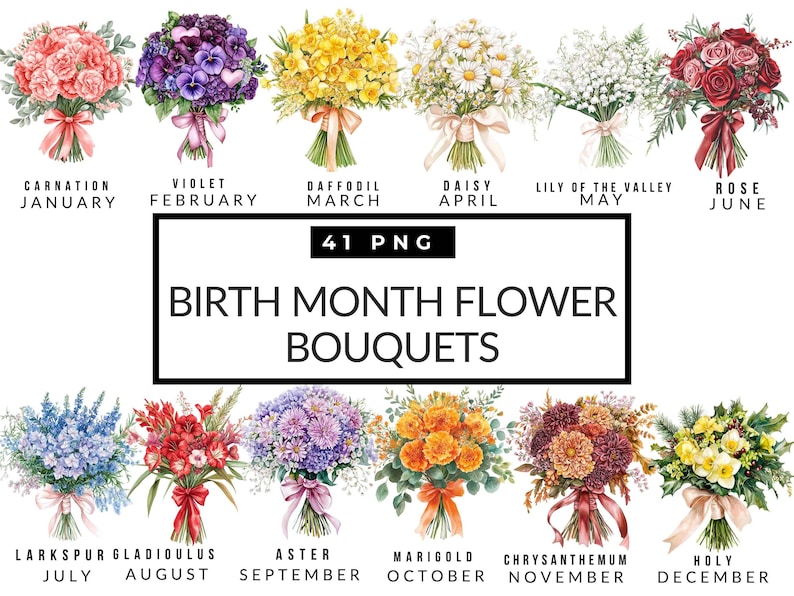 Birthmonth Flower Bouquet Clipart, Birthflower Png, Watercolor Birthflowers, Floral Illustration Png