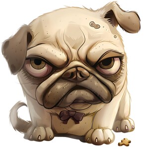 May include: A digital illustration of a pug dog with a grumpy expression. The dog has a light tan coat, dark eyes, and a small bow tie. A single dog biscuit is on the ground in front of the dog.