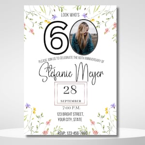 Look Who'S 60, 60Th Birthday Invite, floral 60th birthday, 60th Birthday Party, Editable White Photo Invitation Template, Instant Download