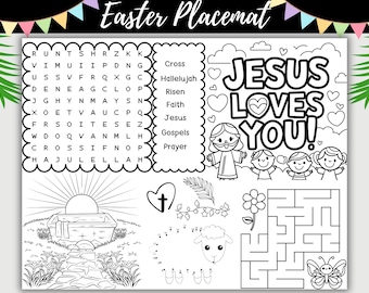 Christian Easter Placemat – Printable Bible Word Search, Coloring Activities, Fun Games for Kids, Resurrection Story Craft for Sunday School