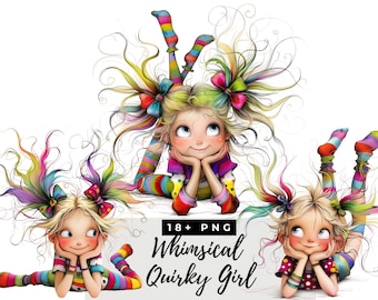 Clipart fille originale, clipart fille fantaisiste, lot de cliparts fille originale mignonne, personnage aquarelle drôle, designs mignons pour travaux manuels, journaux