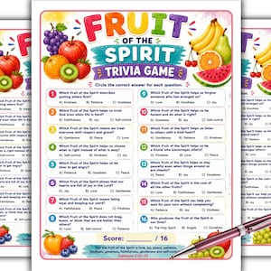 May include: A Fruit of the Spirit trivia game sheet featuring colorful illustrations of grapes, apples, oranges, strawberries, bananas, pears, and watermelon. The text includes sixteen multiple-choice questions, a score section, and a metallic pen.