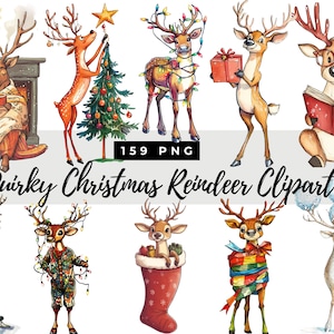 Watercolor Quirky Reindeer Clipart, Funny Christmas Sublimation Bundle,Funny Reindeer Png, Funny Reindeer Clipart, Commercial Use, Wall Art