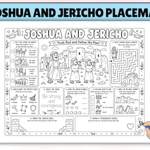 Puede incluir: Un mantel individual de actividades en blanco y negro titulado Joshua and Jericho que incluye varios juegos educativos, un laberinto e ilustraciones de figuras bíblicas con trompetas y murallas, diseñado para colorear y completar tareas.