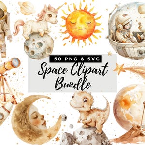 Watercolor Space Clipart Bundle, Cute Space Clipart Bundle, Sun Watercolor Clipart, Nursery Clipart, Astronaut Spaceship, Galaxy Clipart