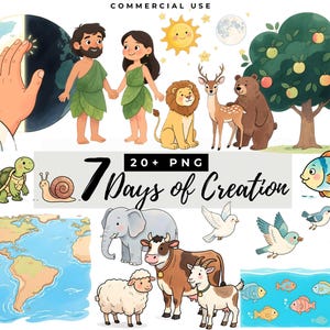 May include: A colorful illustration featuring Adam and Eve, various animals, and the sun, moon, and stars. The text "7 Days of Creation" is displayed prominently. The image has a cartoon style.