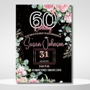 Floral 60th birthday invitation for women, floral invite, floral invitations, digital download, birthday party, blush flowers invite sixty