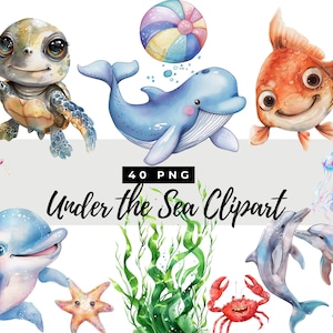 Sea Life Clipart, Little Sea Animals Clipart, Watercolor Coral Reef Clipart - Under The Sea Clipart, Cute Sea Animals, Instant Download |