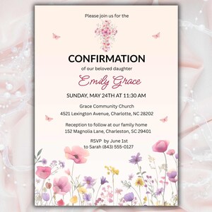 Wildflower Confirmation Invitation, Editable Floral Template, Printable Girl Pink Confirmation Invite, Boho Communion Card