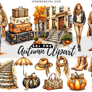 Autumn Clipart Collection: Cozy Fall Graphics, Pumpkin Watercolor Illustrations, Girl Seasonal PNG Designs, Digital Download Craft Supplies