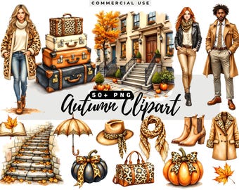 Autumn Clipart Collection: Cozy Fall Graphics, Pumpkin Watercolor Illustrations, Girl Seasonal PNG Designs, Digital Download Craft Supplies