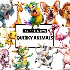 May include: A collection of whimsical watercolor illustrations of various animals, including an elephant, giraffe, parrot, corgi, lion, turtle, bee, flamingo, cat, octopus, dragon, cow, and pig. The text "48 PNG & SVG" and "Quirky Animals" is displayed.
