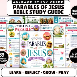 May include: A 40+ page Bible study guide titled Parables of Jesus, featuring multiple illustrated pages exploring 39 parables. The cover displays colorful icons like a sheep, oil lamp, treasure chest, and coin, with text including Learn, Reflect, Grow, Pray.