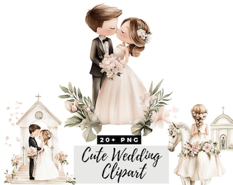 Cute Wedding Clipart, Bride and Groom Illustrations, Watercolor Graphics, Romantic Designs for Crafts, Digital Download for Commercial Use