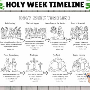 Holy Week Timeline Coloring Page Printable, Easter Bible Story Countdown, Sunday School Kids Activity, Fun Craft