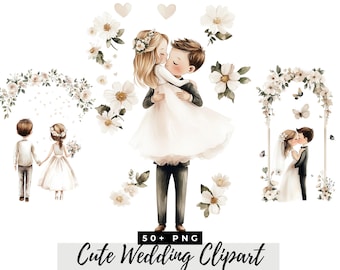 Cute Wedding Clipart, Bride and Groom Illustrations, Watercolor Graphics, Romantic Illustrations for Crafts, Digital Download Commercial Use