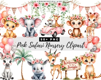 Pink Safari Clipart Bundle, Baby Girl Nursery Decor, Watercolor Animals, Digital Download for Parties, PNGs