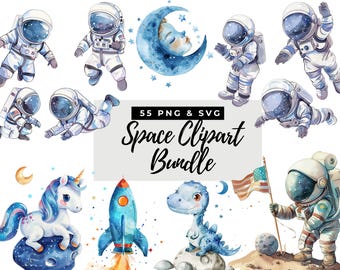 Watercolor Space Clipart Bundle, Cute Space Clipart Bundle, Sun Watercolor Clipart, Nursery Clipart, Astronaut Spaceship, Galaxy Clipart