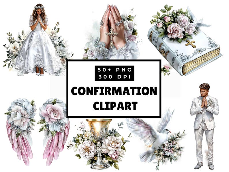 Confirmation Clipart, Christian Cross PNG, First Holy Communion, Watercolor Bible, Religious Sublimation, Digital Download, Commercial Use
