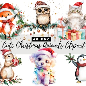 Aquarell niedliche Weihnachtstiere Clipart, Waldtiere, Wintertiere, Weihnachten Png, Weihnachtskätzchen, Kartenherstellung, Sofortiger Download