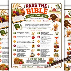Könnte beinhalten: Ein gedrucktes Spielblatt mit dem Titel Pass the Bible Harvest of Faith, das eine nummerierte Liste mit zwölf gereimten Anweisungen sowie Illustrationen eines Erntekorbs, einer roten Scheune und einer Bibel enthält, inklusive Spielregeln.