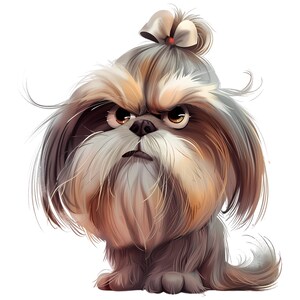 May include: A digitally painted illustration of a Shih Tzu dog with an angry expression. The dog has brown, white, and gray fur, with a bow on top of its head. The dog's eyes are brown, and it has a long, fluffy beard.