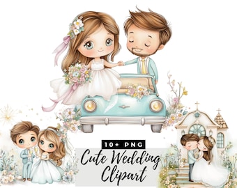Cute Wedding Clipart, Bride and Groom Printable Images, Watercolor Graphics, Romantic Designs for Crafts, Digital Download Commercial Use
