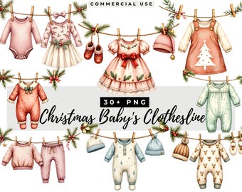 Christmas Baby Clothesline Clipart Bundle, My First Christmas Holiday PNG, Watercolor Graphics Boy Girl, Digital Download, Commercial Use