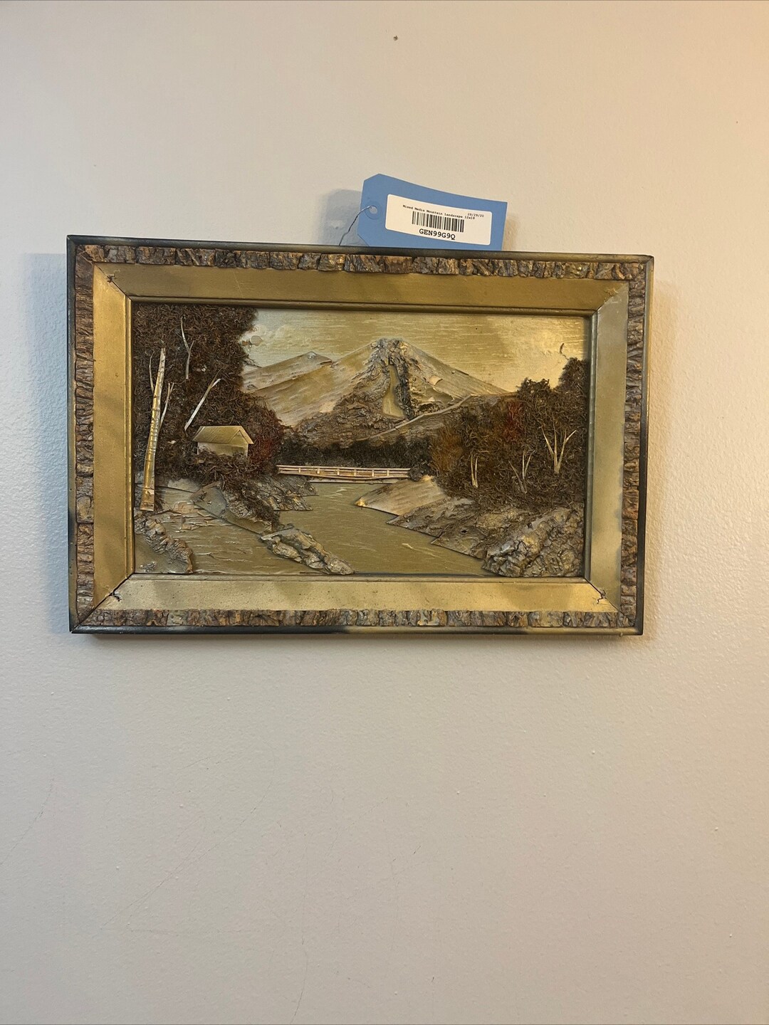 Vintage Japanese Mixed Media Mountains Trees and a River Scene 18 X 12