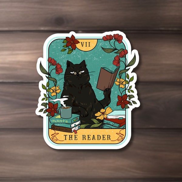 The Reader Black Cat Tarot Card Sticker, Witchy Goth Sticker, Kindle Gift, Trendy Book Sticker, Paperwhite Kindle Case Sticker, Book Related