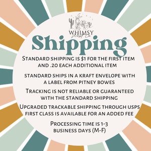 May include: Circular graphic with the word "Shipping" in teal script. The text describes standard shipping details, including shipping in a kraft envelope and processing time of 1-3 business days.
