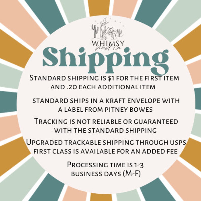 May include: Circular graphic with the word "Shipping" in teal script. The text describes standard shipping details, including shipping in a kraft envelope and processing time of 1-3 business days.