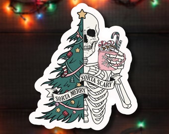 Sorta Merry Sorta Scary Christmas Skeleton Sticker, Vinyl Decal, small gift for her, stocking stuffer, sarcastic coworker gift xmas