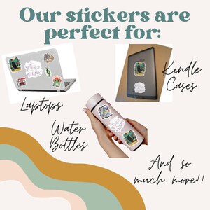 May include: Image showcasing stickers applied to a laptop, Kindle case, and water bottle. The text reads "Our stickers are perfect for: Laptops, Kindle Cases, Water Bottles, and so much more!!" The stickers feature various designs and colors.