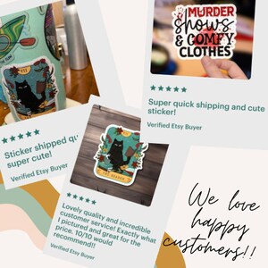 May include: A collection of stickers featuring a black cat tarot card design, a phrase "Murder Shows & Comfy Clothes", and customer reviews. The stickers are colorful and have a vintage aesthetic.