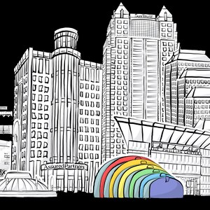 Puede incluir: Dibujo en blanco y negro de un horizonte urbano con varios edificios altos, incluyendo uno con el texto "Assured Partners" y otro con el texto "Amway". Hay un arco de colores arco&iacute;ris en primer plano.