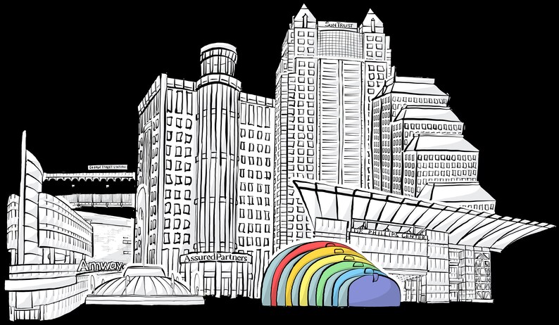 Puede incluir: Dibujo en blanco y negro de un horizonte urbano con varios edificios altos, incluyendo uno con el texto "Assured Partners" y otro con el texto "Amway". Hay un arco de colores arco&iacute;ris en primer plano.