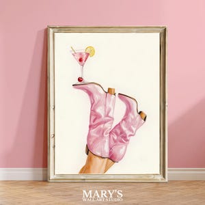 Pink Boots Wall Art Western Aesthetic Printable Art Trendy Cowgirl Decor Fun Country Digital Download Pink Boots & Martini Wall Decor