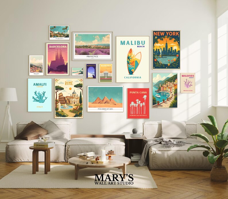 Printable travel wall art bundle featuring 1200+ high-resolution posters. Includes vintage, retro, preppy, minimalist, and colorful city and country designs like Paris, Rome, New York, Amalfi, and more. Digital download JPG files, ideal for home decor, gallery walls, offices, Airbnb, and gifts. Travel-themed printable art for instant download. Multiple sizes included for easy at-home or professional printing.
