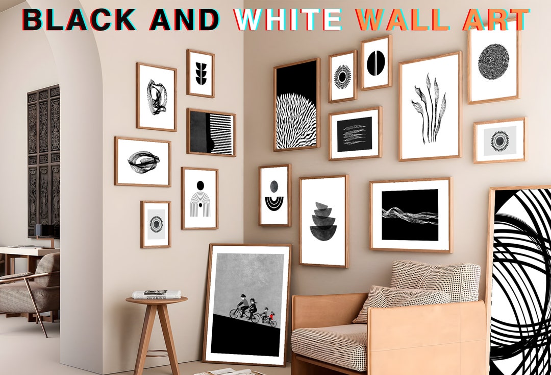 Black and White Geometric Wall Art With Abstract Shapes Set - Etsy