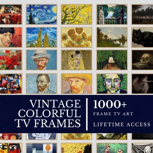 Pode incluir: Uma coleção de impressões de arte vintage emolduradas, apresentando pinturas famosas. A imagem inclui uma variedade de estilos e temas, incluindo paisagens, retratos e naturezas mortas. O texto diz "VINTAGE COLORFUL TV FRAMES" e "1000+ FRAME TV ART LIFETIME ACCESS".