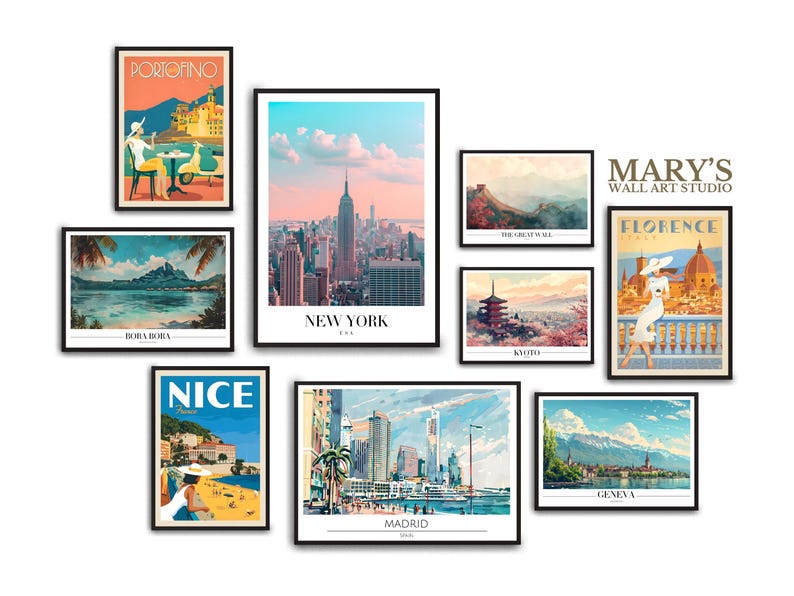 Printable travel wall art bundle featuring 1200+ high-resolution posters. Includes vintage, retro, preppy, minimalist, and colorful city and country designs like Paris, Rome, New York, Amalfi, and more. Digital download JPG files, ideal for home decor, gallery walls, offices, Airbnb, and gifts. Travel-themed printable art for instant download. Multiple sizes included for easy at-home or professional printing.
