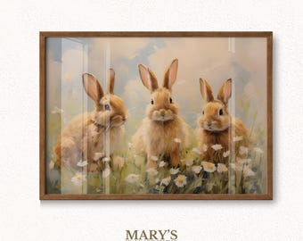 Easter Bunny Print | Three Rabbits in Field (Digital Download)