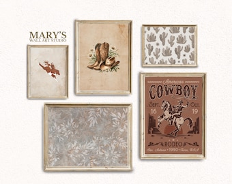 Set von 5 Western Cowboy Prints, Rodeo Wand Kunst (Digitaler Download)
