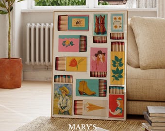 Vintage Matchbox Collage Print, Western Cowgirl Wall Art (Digital Download)